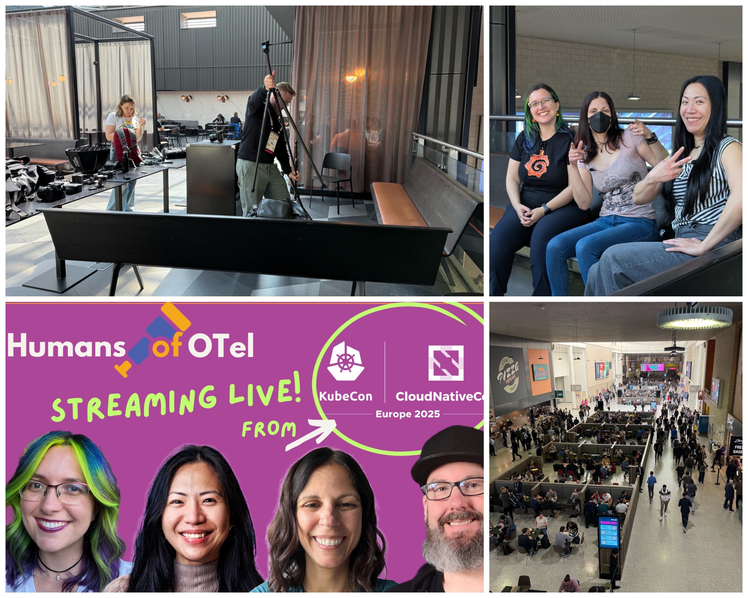 Collage of photos showing Humans of OTel livestream activities, speakers, and media equipment setups.