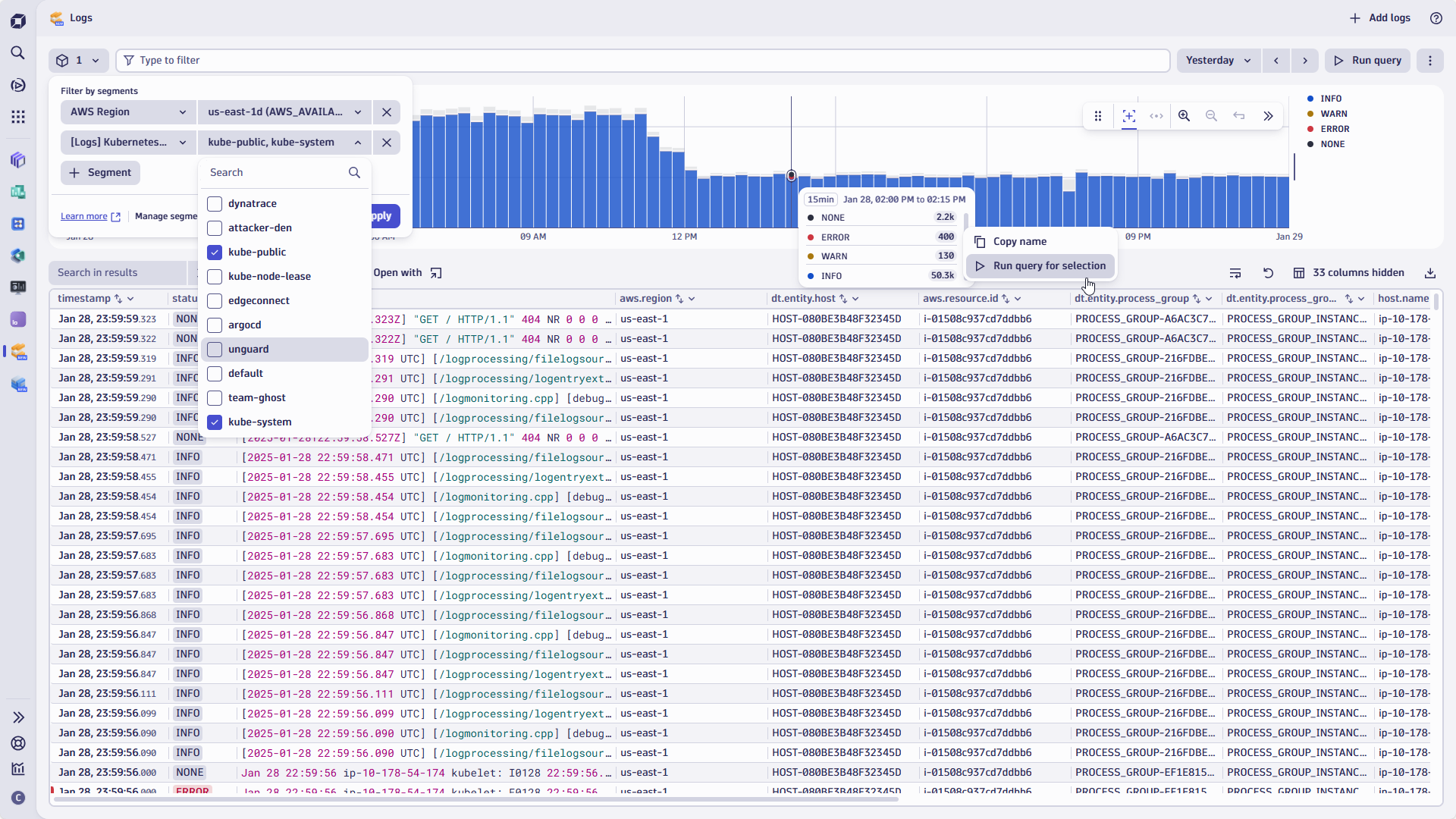 Figure 2. Logs app with segments for AWS Region and Kubernetes resources