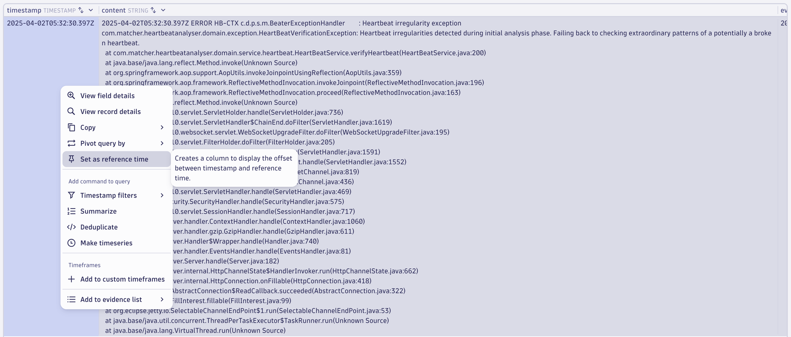 Select a timestamp in Security Investigator to set a relative reference time offset.