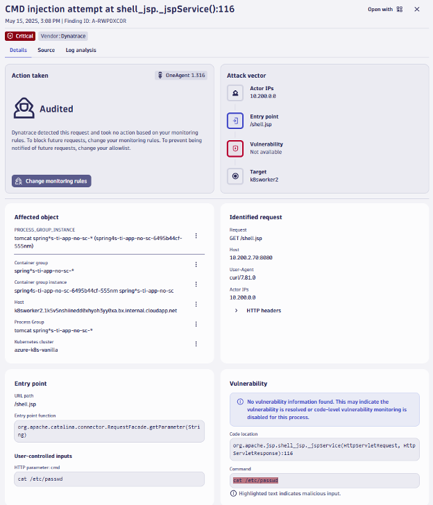 The detection of command injection coming through the deployed web-shell on the “spring4s-ti-app-no-sc” container.
