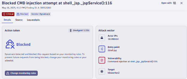 The Threats & Exploits App not only enables the detection of a command injection attack but also can actively block it. 