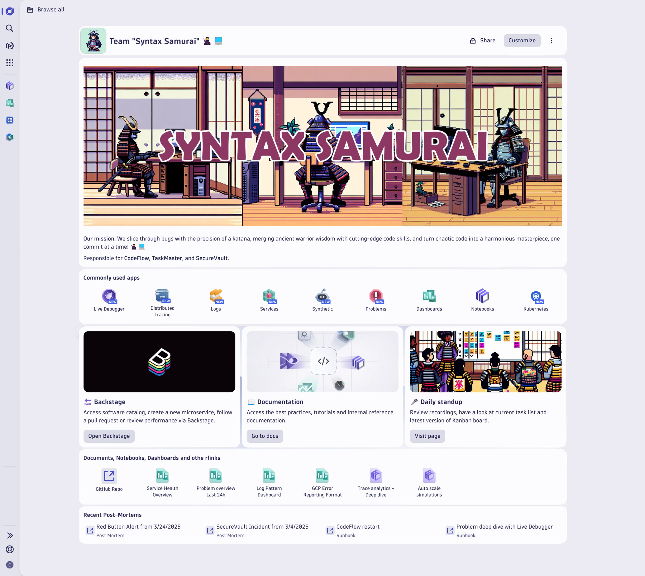 Figure 2. This home page is the entry point for a team of developers working with Dynatrace daily. It includes links to daily routines, relevant content, and documents.