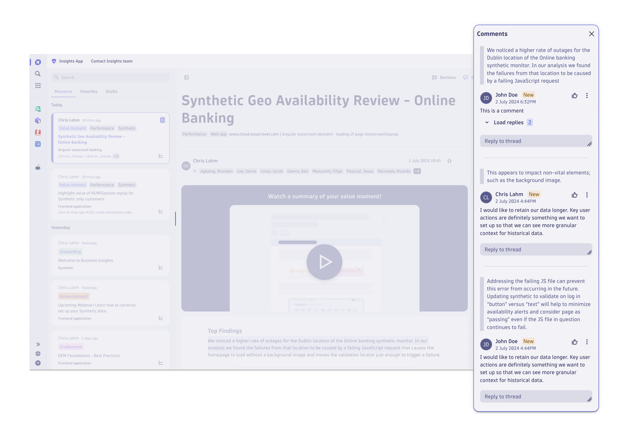 Figure 4. You can leave comments or questions for the Business Insights team or your team members. Our team receives immediate notification and responds directly in the comment thread, keeping everyone aligned and in context.
