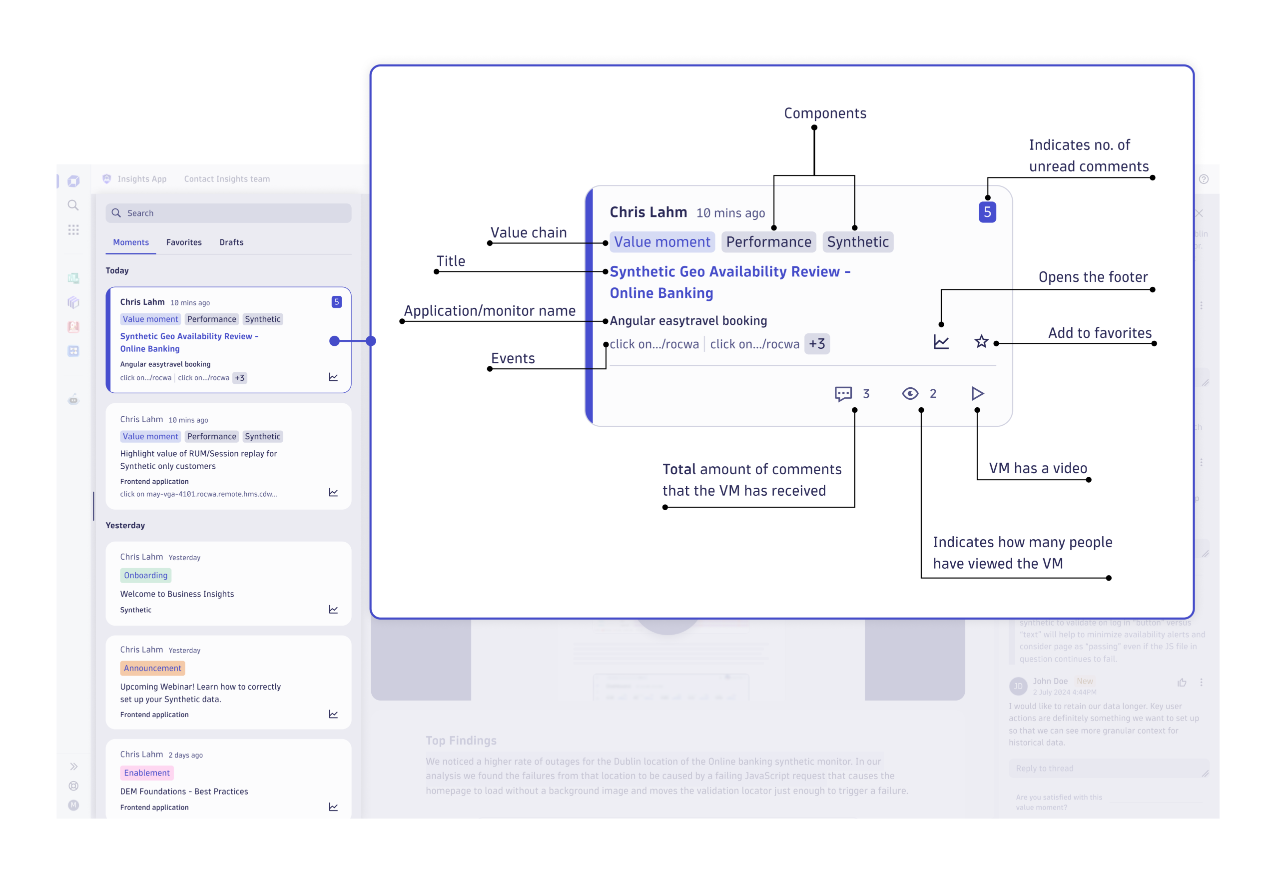 Figure 2. Each analysis value moment is tagged with helpful metadata, including type, product component, application/synthetic monitor name, and specific page or event details.