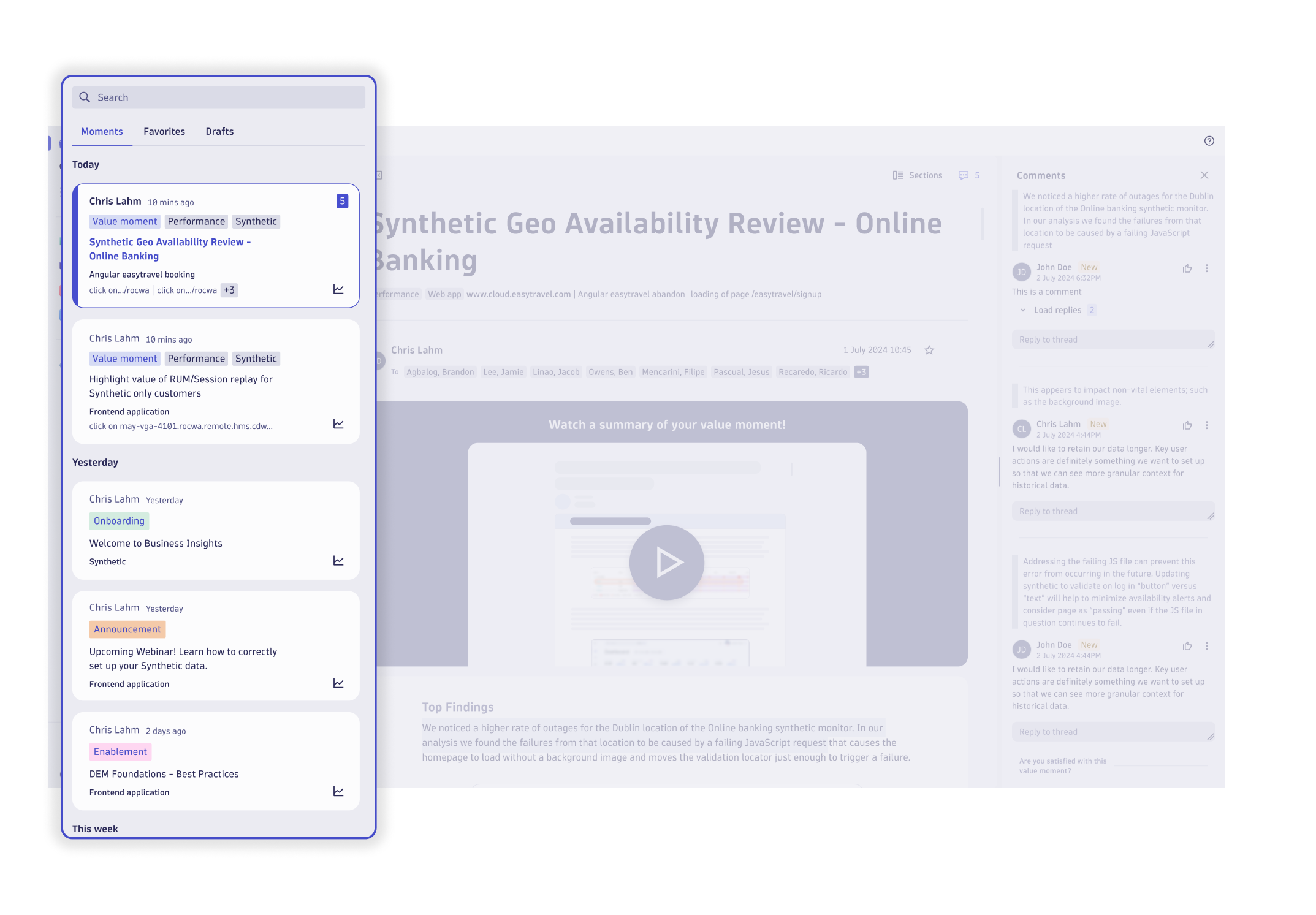 Figure 1. The Business Insights app centralizes all engagement and analysis in a single timeline view, making it easy to review everything the Business Insights team has provided for your organization.