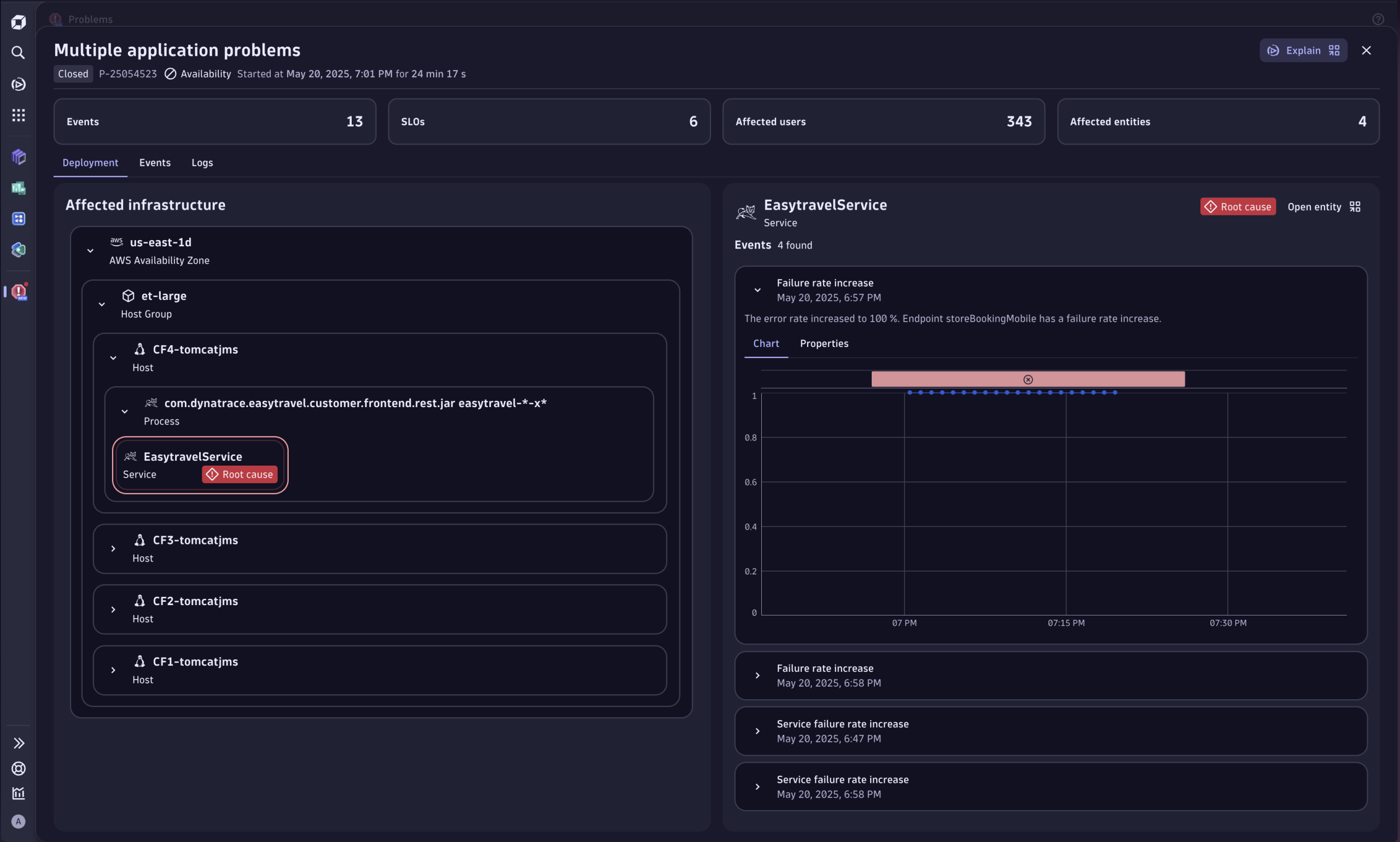 Screenshot of Dynatrace Problems app showing a problem detected using unified observability analysis.
