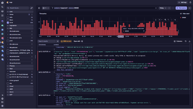 screenshot of logs affected by errors in logs and traces investigation