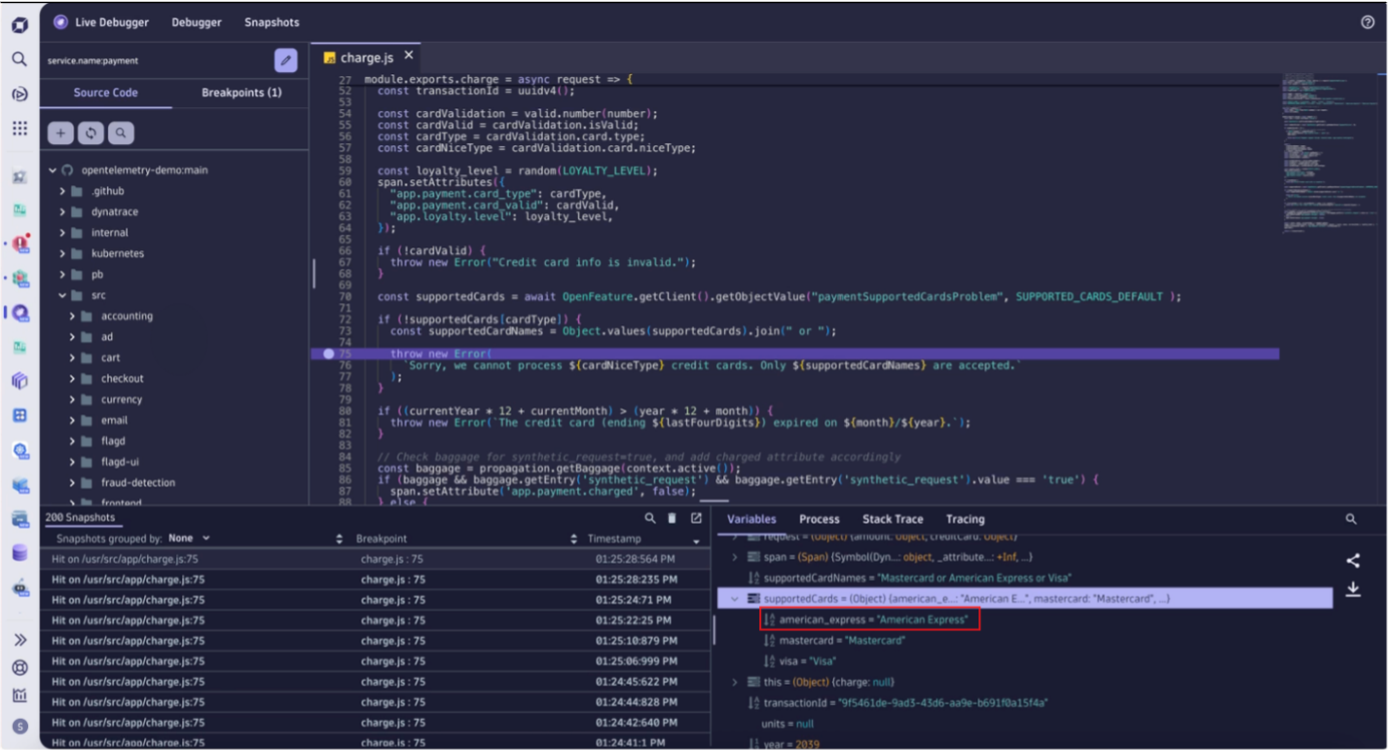 Figure 6. Start debugging at the exact line where the error occurs with live production data in Live Debugger. 