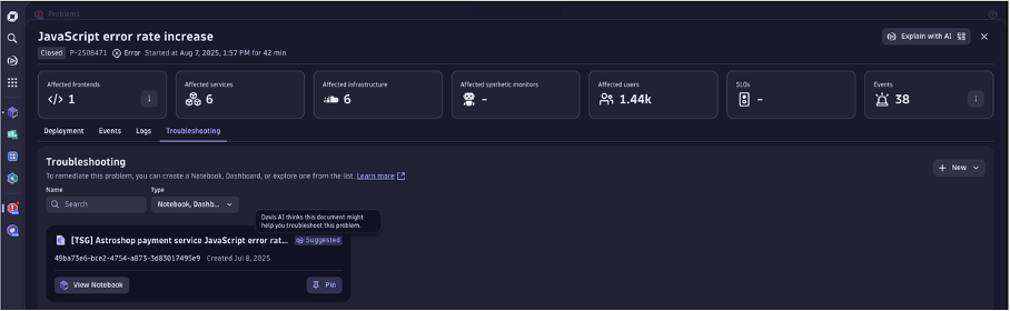 Figure 7. Davis AI automatically recommends relevant documents with actionable troubleshooting steps for this problem.