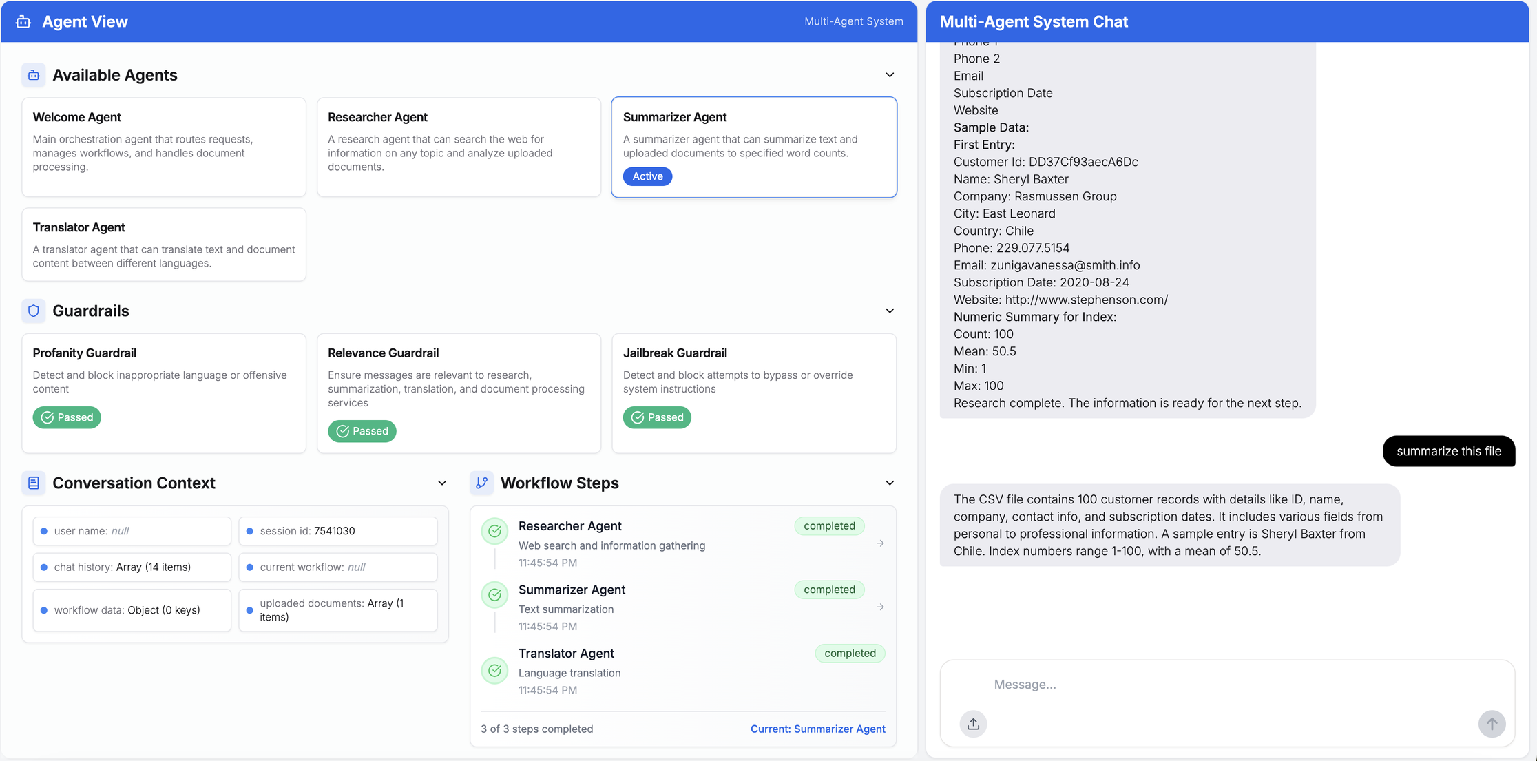 customer-uploaded CSV file and multi-agent triggers in the sample agentic AI application