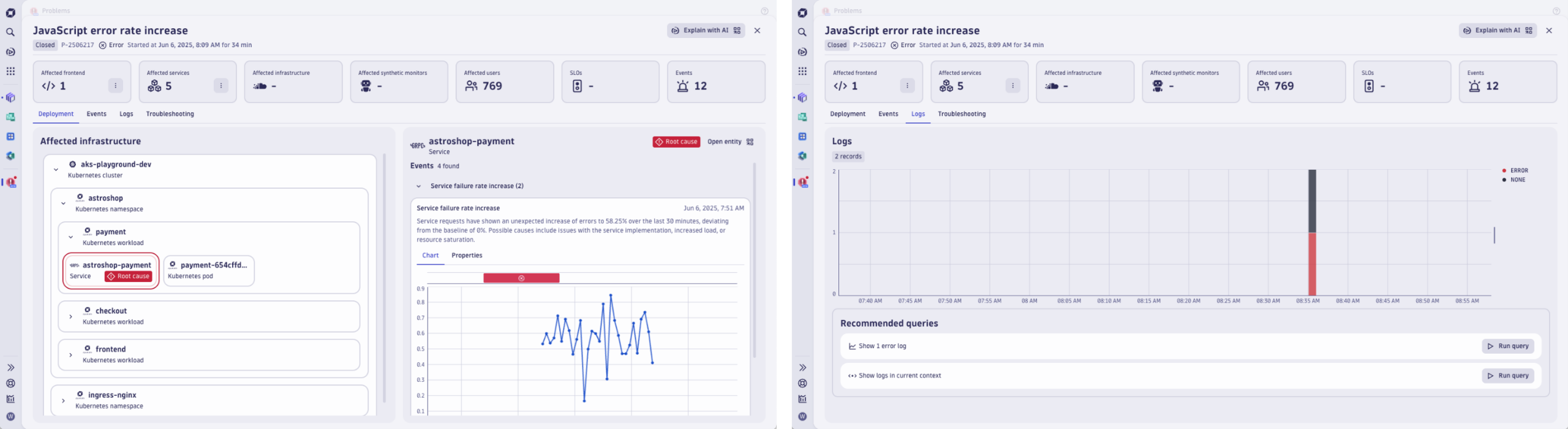 Figure 1. The problems page displays all important information, allowing you to directly access all incident-relevant error logs.