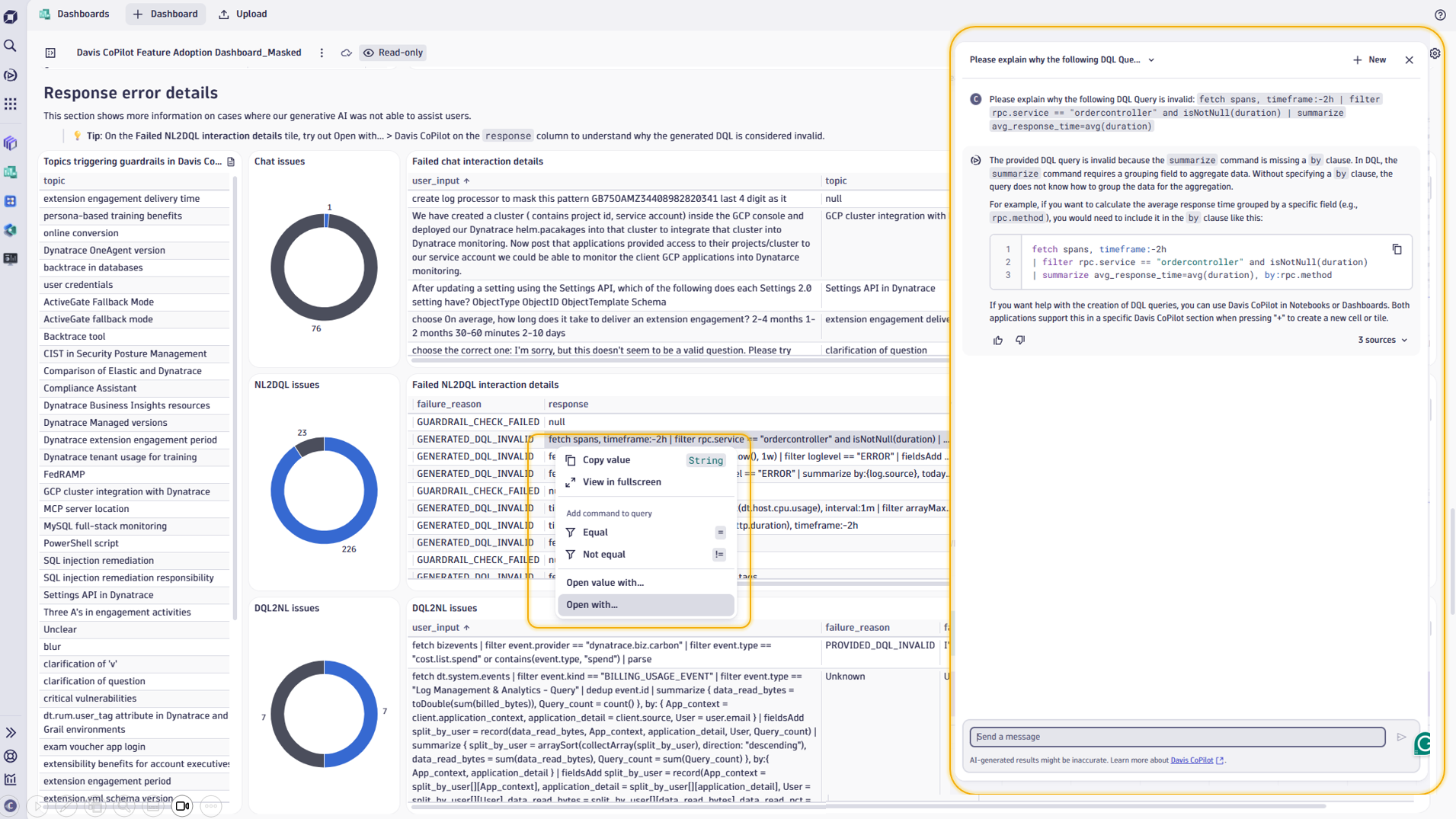 Figure 3. On the Failed NL2DQL interaction details tile, try out Open with... > Davis CoPilot on the response column to understand why the generated DQL is considered invalid. 