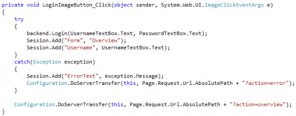PostBack triggers Login Button Event Handler which does user authentication and redirects depending on logon success PostBack triggers Login Button Event Handler which does user authentication and redirects depending on logon success